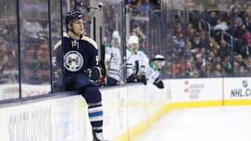 Dec 29, 2015; Columbus, OH, USA; Columbus Blue Jackets defenseman Justin Falk (44) against the Dallas Stars at Nationwide Arena. The Jackets won 6-3. Mandatory Credit: Aaron Doster-USA TODAY Sports