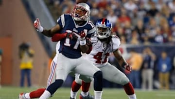 Aug 29, 2013; Foxborough, MA, USA; New England Patriots wide receiver Aaron Dobson (17) drops a pass that is intercepted by New York Giants middle linebacker Mark Herzlich (not pictured) in the second quarter at Gillette Stadium. Mandatory Credit: David Butler II-USA TODAY Sports