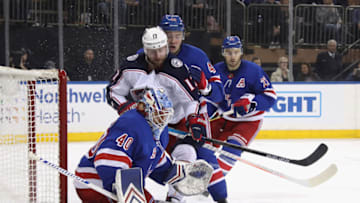 NEW YORK, NEW YORK - APRIL 05: Brandon Dubinsky #17 of the Columbus Blue Jackets is stopped by Alexandar Georgiev #40 of the New York Rangers at Madison Square Garden on April 05, 2019 in New York City. The Blue Jackets defeated the Rangers 3-2 in the shoot-out to gain a playoff position. (Photo by Bruce Bennett/Getty Images)