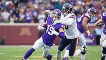 Dec 20, 2015; Minneapolis, MN, USA; Minnesota Vikings wide receiver Adam Thielen (19) runs after the catch in the fourth quarter against the Chicago Bears linebacker Shea McClellin (50) at TCF Bank Stadium. The Minnesota Vikings beat the Chicago Bears 38-17. Mandatory Credit: Brad Rempel-USA TODAY Sports