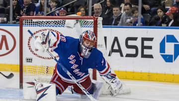 NEW YORK, NY - JANUARY 19: New York Rangers Goalie Igor Shesterkin (31) with a save during a regular season NHL game between the Columbus Blue Jackets and the New York Rangers on January 19, 2020, at Madison Square Garden in New York, NY. (Photo by David Hahn/Icon Sportswire via Getty Images)