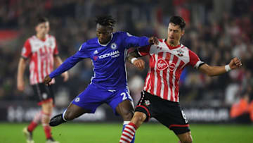 SOUTHAMPTON, ENGLAND - OCTOBER 30: Jose Fonte of Southampton (R) puts pressure on Michy Batshuayi of Chelsea (L) while he shoots during the Premier League match between Southampton and Chelsea at St Mary's Stadium on October 30, 2016 in Southampton, England. (Photo by Darren Walsh/Chelsea FC via Getty Images)