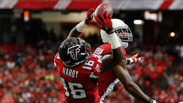 ATLANTA, GA - NOVEMBER 27: Justin Hardy #16 of the Atlanta Falcons makes a catch over Patrick Peterson #21 of the Arizona Cardinals during the first half at the Georgia Dome on November 27, 2016 in Atlanta, Georgia. (Photo by Kevin C. Cox/Getty Images)