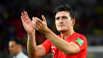 MOSCOW, RUSSIA - JULY 03: Harry Maguire of England celebrates following his sides victory in the 2018 FIFA World Cup Russia Round of 16 match between Colombia and England at Spartak Stadium on July 3, 2018 in Moscow, Russia. (Photo by Dan Mullan/Getty Images)