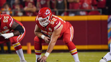 Oct 10, 2021; Kansas City, Missouri, USA; Kansas City Chiefs center Creed Humphrey (52) on the line of scrimmage against the Buffalo Bills during the game at GEHA Field at Arrowhead Stadium. Mandatory Credit: Denny Medley-USA TODAY Sports