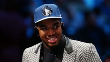 NEW YORK, NY - JUNE 25: Karl-Anthony Towns speaks to the media after being drafted first overall by the Minnesota Timberwolves in the First Round of the 2015 NBA Draft at the Barclays Center on June 25, 2015 in the Brooklyn borough of New York City. NOTE TO USER: User expressly acknowledges and agrees that, by downloading and or using this photograph, User is consenting to the terms and conditions of the Getty Images License Agreement. (Photo by Elsa/Getty Images)