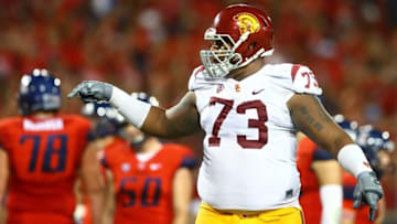 Oct 11, 2014; Tucson, AZ, USA; Southern California Trojans offensive tackle Zach Banner (73) against the Arizona Wildcats at Arizona Stadium. Mandatory Credit: Mark J. Rebilas-USA TODAY Sports
