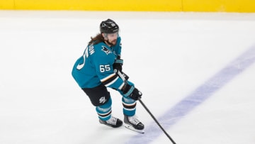 SAN JOSE, CA - APRIL 23: Erik Karlsson #65 of the San Jose Sharks looks to pass the puck against the Vegas Golden Knights in Game Seven of the Western Conference First Round during the 2019 NHL Stanley Cup Playoffs at SAP Center on April 23, 2019 in San Jose, California. (Photo by Lachlan Cunningham/Getty Images)