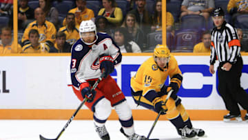 NASHVILLE, TN - SEPTEMBER 28: Nashville Predators right wing Craig Smith (15) challenges Columbus Blue Jackets defenseman Seth Jones (3) for the puck during the NHL preseason game between the Nashville Predators and the Columbus Blue Jackets, held on September 28, 2017, at Bridgestone Arena in Nashville, Tennessee. (Photo by Danny Murphy/Icon Sportswire via Getty Images)