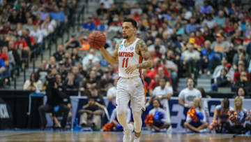DALLAS, TX - MARCH 15: G Chris Chiozza (11) of the Florida Gators brings the ball up the court during the NCAA Div I Men's Championship First Round basketball game between Florida and St. Bonaventure on March 15, 2018 at American Airlines Center in Dallas, TX. (Photo by George Walker/Icon Sportswire via Getty Images)