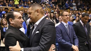 DURHAM, NORTH CAROLINA - JANUARY 28: Head coach Mike Krzyzewski of the Duke Blue Devils embraces head coach Jeff Capel III of the Pittsburgh Panthers before their game at Cameron Indoor Stadium on January 28, 2020 in Durham, North Carolina. (Photo by Grant Halverson/Getty Images)