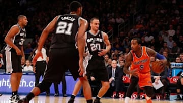Nov 10, 2013; New York, NY, USA; New York Knicks shooting guard J.R. Smith (8) steps back during the first quarter against the San Antonio Spurs at Madison Square Garden. Mandatory Credit: Anthony Gruppuso-USA TODAY Sports