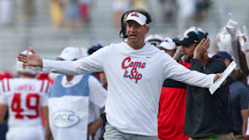 Sep 17, 2022; Atlanta, Georgia, USA; Georgia Tech Yellow Jackets head coach Lane Kiffin shows emotion against the Mississippi Rebels in the second half at Bobby Dodd Stadium. Mandatory Credit: Brett Davis-USA TODAY Sports