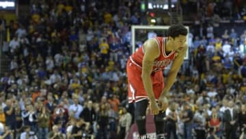 May 12, 2015; Cleveland, OH, USA; Chicago Bulls guard Derrick Rose (1) reacts in the fourth quarter against the Cleveland Cavaliers in game five of the second round of the NBA Playoffs at Quicken Loans Arena. Mandatory Credit: David Richard-USA TODAY Sports
