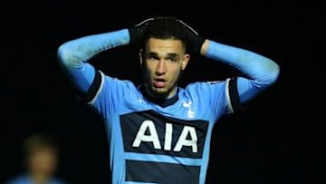 HIGH WYCOMBE, ENGLAND - MARCH 03: Nabil Bentalab of Spurs hits the post with a long range shot during the Barclays U21 Premier League match between Reading U21 and Tottenham Hotspur U21 at Adams Park on March 3, 2016 in High Wycombe, England. (Photo by Richard Heathcote/Getty Images)