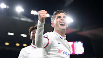 BURNLEY, ENGLAND - OCTOBER 26: Christian Pulisic of Chelsea celebrates with teammates after scoring his team's third goal during the Premier League match between Burnley FC and Chelsea FC at Turf Moor on October 26, 2019 in Burnley, United Kingdom. (Photo by Darren Walsh/Chelsea FC via Getty Images)