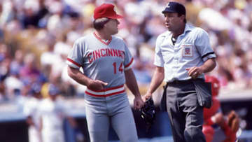 LOS ANGELES,CA - CIRCA 1986: Pete Rose manager of the Cincinnati Reds confers with the umpire in a game against the Los Angeles Dodgers at Dodger Stadium circa 1986 in Los Angeles, California. (Photo by Owen C. Shaw/Getty Images)