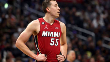 Duncan Robinson #55 of the Miami Heat looks on during the second quarter against the Los Angeles Clippers(Photo by Katelyn Mulcahy/Getty Images)
