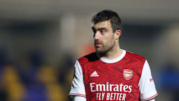 WIMBLEDON, ENGLAND - DECEMBER 08: Sokratis Papastathopoulos of Arsenal FC looks on during the Papa John's Trophy Second Round match between AFC Wimbledon and Arsenal U21 at Plough Lane on December 08, 2020 in Wimbledon, England. (Photo by James Chance/Getty Images)