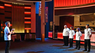HELL'S KITCHEN: L-R: Chef/host Gordon Ramsay and contestants in the "Snuggling with the Enemy” episode of HELL'S KITCHEN airing Thursday, April 8 (8:00-9:00 PM ET/PT) on FOX. CR: Scott Kirkland / FOX. © 2021 FOX MEDIA LLC.
