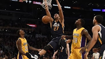 Dec 5, 2016; Los Angeles, CA, USA; Utah Jazz center Rudy Gobert (27) dunks the ball against Los Angeles Lakers center Tarik Black (28) during the third quarter at Staples Center. Mandatory Credit: Richard Mackson-USA TODAY Sports
