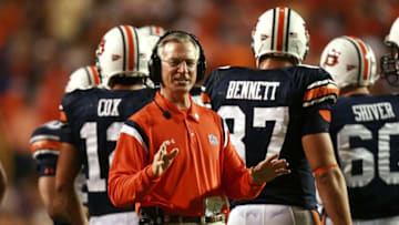 BATON ROUGE, LA - OCTOBER 20: Head coach Tommy Tuberville of the Auburn Tigers tries to ask the officials a question during a stoppage in play while taking on the LSU Tigers at Tiger Stadium on October 20, 2007 in Baton Rouge, Louisiana. (Photo by Doug Benc/Getty Images)