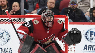 GLENDALE, AZ - JANUARY 02: Adin Hill #31 of the Arizona Coyotes gets ready to make a save against the Edmonton Oilers at Gila River Arena on January 2, 2019 in Glendale, Arizona. (Photo by Norm Hall/NHLI via Getty Images)
