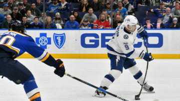 ST. LOUIS, MO - DECEMBER 12: Tampa Bay Lightning center Tyler Johnson (9) shoots the puck with St. Louis Blues center Brayden Schenn (10) defending during a NHL game between the Tampa Bay Lightning and the St. Louis Blues on December 12, 2017, at Scottrade Center, St. Louis, MO. (Photo by Keith Gillett/Icon Sportswire via Getty Images)