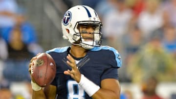 Aug 13, 2016; Nashville, TN, USA; Tennessee Titans quarterback Marcus Mariota (8) looks to pass against the San Diego Chargers during the first half at Nissan Stadium. Mandatory Credit: Jim Brown-USA TODAY Sports