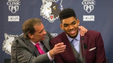 Jun 26, 2015; Minneapolis, MN, USA; Minnesota Timberwolves head coach Flip Saunders and number one overall draft pick Karl-Anthony Towns address the media at Mayo Clinic Square. Mandatory Credit: Brad Rempel-USA TODAY Sports
