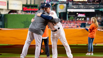 HOUSTON, TX - OCTOBER 16: Manager Alex Cora of the Boston Red Sox hugs with manager A.J. Hinch of the Houston Astros as lineups are introduced before game three of the American League Championship Series on October 16, 2018 at Minute Maid Park in Houston, Texas. (Photo by Billie Weiss/Boston Red Sox/Getty Images)