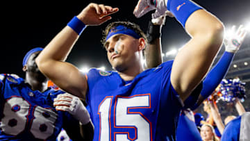 Sep 16, 2023; Gainesville, Florida, USA; Florida Gators quarterback Graham Mertz (15) celebrates after the game against the Tennessee Volunteers at Ben Hill Griffin Stadium. Mandatory Credit: Matt Pendleton-USA TODAY Sports