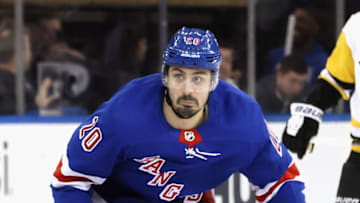 NEW YORK, NEW YORK - MARCH 16: Chris Kreider #20 of the New York Rangers skates against the Pittsburgh Penguins during the second period at Madison Square Garden on March 16, 2023 in New York City. (Photo by Bruce Bennett/Getty Images)
