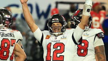 TAMPA, FLORIDA - FEBRUARY 07: Tom Brady #12 of the Tampa Bay Buccaneers reacts after defeating the Kansas City Chiefs in Super Bowl LV at Raymond James Stadium on February 07, 2021 in Tampa, Florida. The Buccaneers defeated the Chiefs 31-9. (Photo by Mike Ehrmann/Getty Images)