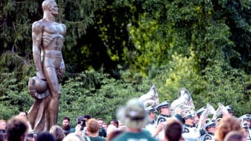 Sep 2, 2016; East Lansing, MI, USA; The Michigan State Spartan marching band performs in front of Spartan statue before a game against the Furman Paladins at Spartan Stadium. Mandatory Credit: Mike Carter-USA TODAY Sports