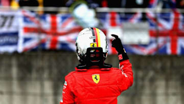 SHANGHAI, CHINA - APRIL 14: Pole position qualifier Sebastian Vettel of Germany and Ferrari celebrates in parc ferme during qualifying for the Formula One Grand Prix of China at Shanghai International Circuit on April 14, 2018 in Shanghai, China. (Photo by Mark Thompson/Getty Images)