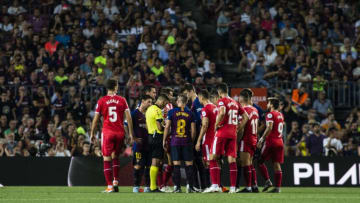 Red card for Clement Lenglet of FC Barcelona after VAR chekcing during the La Liga game between FC Barcelona against Girona in Camp Nou Stadium at Barcelona, on 23 of September of 2018, Spain. (Photo by Xavier Bonilla/NurPhoto via Getty Images)