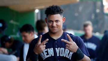 CLEARWATER, FL - FEBRUARY 25: Jasson Domínguez #89 of the New York Yankees smiles during a spring training game against the Philadelphia Phillies at BayCare Ballpark on February 25, 2023 in Clearwater, Florida. (Photo by New York Yankees/Getty Images)