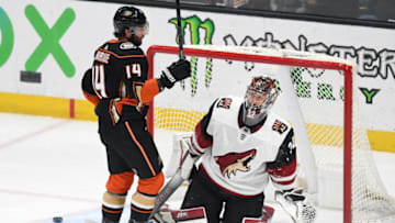 ANAHEIM, CA - JANUARY 29: Arizona Coyotes goalie Antti Raanta (32) looks up at Anaheim Ducks center Adam Henrique (14) after Henrique scored a goal in the first period of a game played on January 29, 2020 at the Honda Center in Anaheim, CA. (Photo by John Cordes/Icon Sportswire via Getty Images)