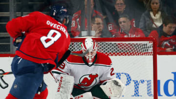 NEWARK, NJ - DECEMBER 20: Goalie Mackenzie Blackwood #29 of the New Jersey Devils stops a shot on a breakaway by Alex Ovechkin #8 of the Washington Capitals in the second period of an NHL hockey game on November 20, 2019 at the Prudential Center in Newark, New Jersey. (Photo by Paul Bereswill/Getty Images)