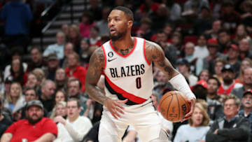 Damian Lillard #0 of the Portland Trail Blazers looks to pass against the Detroit Pistons (Photo by Amanda Loman/Getty Images)