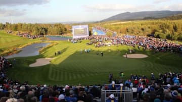 Sep 26, 2014; Auchterarder, Perthshire, SCT; A general view of the 16th hole during day one of the 2014 Ryder Cup at The Gleneagles Hotel-PGA Centenary Course. Mandatory Credit: Brian Spurlock-USA TODAY Sports