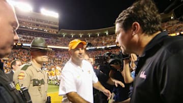 KNOXVILLE, TENNESSEE - OCTOBER 26: Head coach Jeremy Pruitt of the Tennessee Volunteers shakes hands with head coach Will Muschamp of the South Carolina Gamecocks after the game at Neyland Stadium on October 26, 2019 in Knoxville, Tennessee. (Photo by Silas Walker/Getty Images)