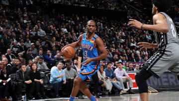 JANUARY 7: Chris Paul #3 of the OKC Thunder handles the ball against the Brooklyn Nets (Photo by Nathaniel S. Butler/NBAE via Getty Images)
