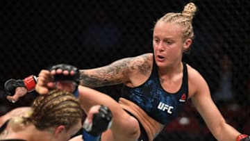 NEWARK, NJ - AUGUST 03: (R-L) Miranda Granger kicks Hannah Goldy in their women's flyweight bout during the UFC Fight Night event at the Prudential Center on August 3, 2019 in Newark, New Jersey. (Photo by Josh Hedges/Zuffa LLC/Zuffa LLC via Getty Images)