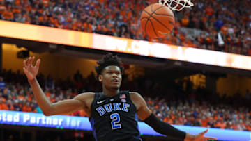SYRACUSE, NY - FEBRUARY 23: Cam Reddish #2 of the Duke Blue Devils loses control of the ball on a drive to the basket against the Syracuse Orange during the first half at the Carrier Dome on February 23, 2019 in Syracuse, New York. (Photo by Rich Barnes/Getty Images)