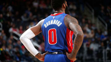 DETROIT, MI - JANUARY 11: A close up shot of Andre Drummond #0 of the Detroit Pistons during a game against the Chicago Bulls on January 11, 2019 at Little Caesars Arena in Detroit, Michigan. NOTE TO USER: User expressly acknowledges and agrees that, by downloading and/or using this photograph, User is consenting to the terms and conditions of the Getty Images License Agreement. Mandatory Copyright Notice: Copyright 2019 NBAE (Photo by Brian Sevald/NBAE via Getty Images)
