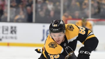 BOSTON, MA - OCTOBER 14: Karson Kuhlman #83 of the Boston Bruins skates against the Anaheim Ducks at the TD Garden on October 14, 2019 in Boston, Massachusetts. (Photo by Steve Babineau/NHLI via Getty Images)