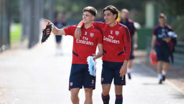 ST ALBANS, ENGLAND - AUGUST 31: (L-R) Kieran Tierney and Hector Bellerin of Arsenal after a training session at London Colney on August 31, 2019 in St Albans, England. (Photo by Stuart MacFarlane/Arsenal FC via Getty Images)