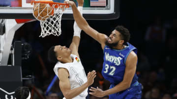 Minnesota Timberwolves center Karl-Anthony Towns throws down a poster dunk in the victory over the Oklahoma City Thunder. Mandatory Credit: Alonzo Adams-USA TODAY Sports